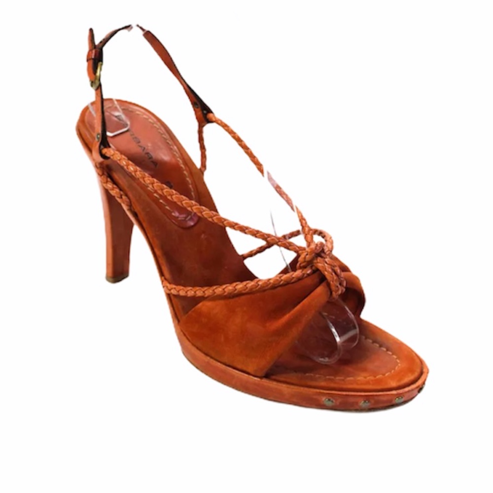 Barbara Bui Rust Sandal 40 Euro Woven Strap Lace Buckle Studs Heel Shoes